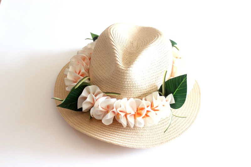 白色鸡蛋花帽圈　夏威夷海岛风手作帽饰　沙滩草帽配件 - 帽子 - 棉．麻 白色
