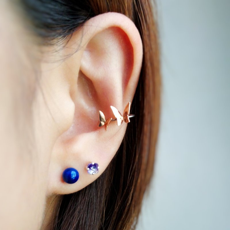 双蝶起舞电镀18K玫瑰金纯银两用耳环夹 - 耳环/耳夹 - 纯银 银色