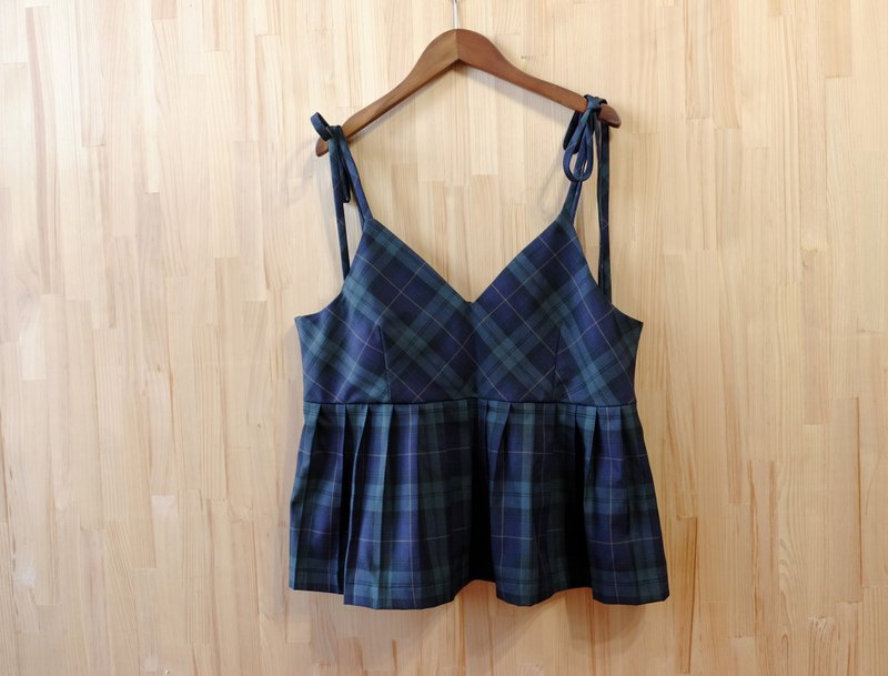 绑带压褶背心/ 绿蓝格纹 - 女装背心 - 棉．麻 多色