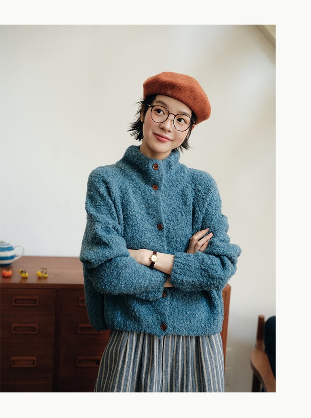 羊毛混纺半高领短外套长袖 - 女装上衣 - 羊毛 多色