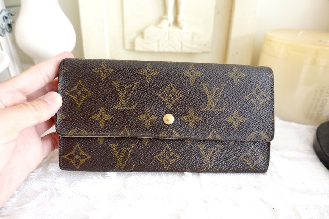 法国名牌LOUIS VUITTON LV中古啡色真皮 拼PU皮图案银包钱包古着 - 皮夹/钱包 - 真皮 咖啡色