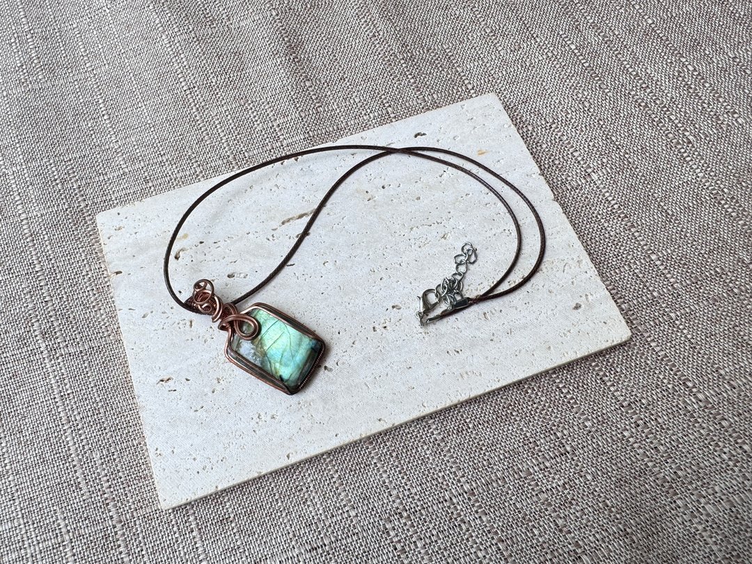 230152 wire wrapping 拉长石 铜线 绕线 吊堕 - 项链 - 铜/黄铜 绿色