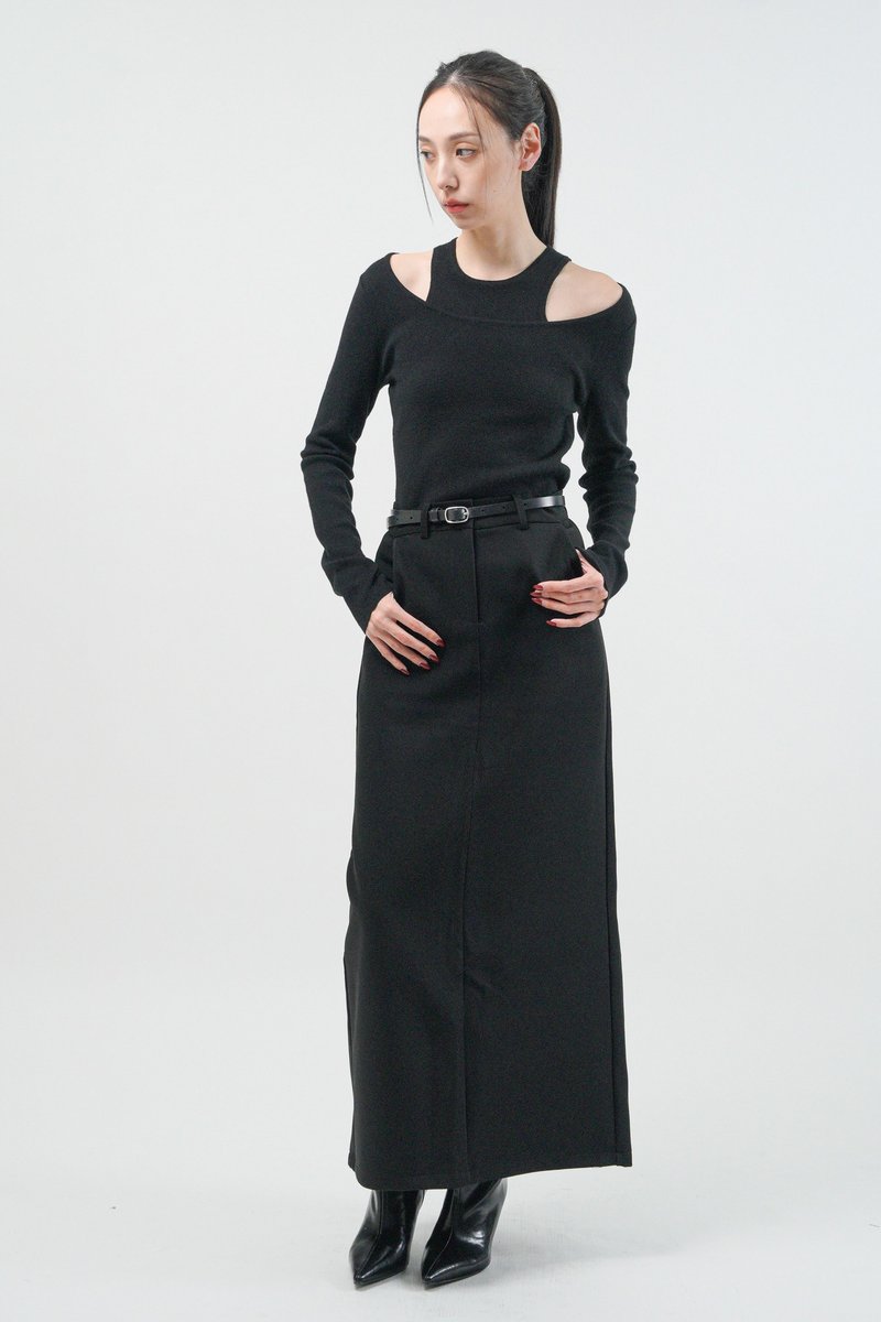 俐落后开衩直筒长裙 - 黑 - 裙子 - 聚酯纤维 黑色