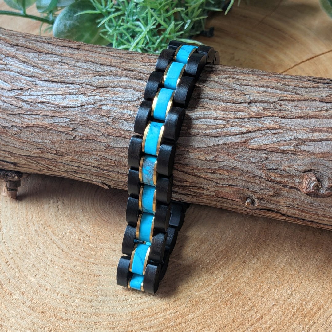 【木制手链】EINBAND Wood Bracelet 天然木手链 绿松石 × 檀香木 - 手链/手环 - 木头 咖啡色
