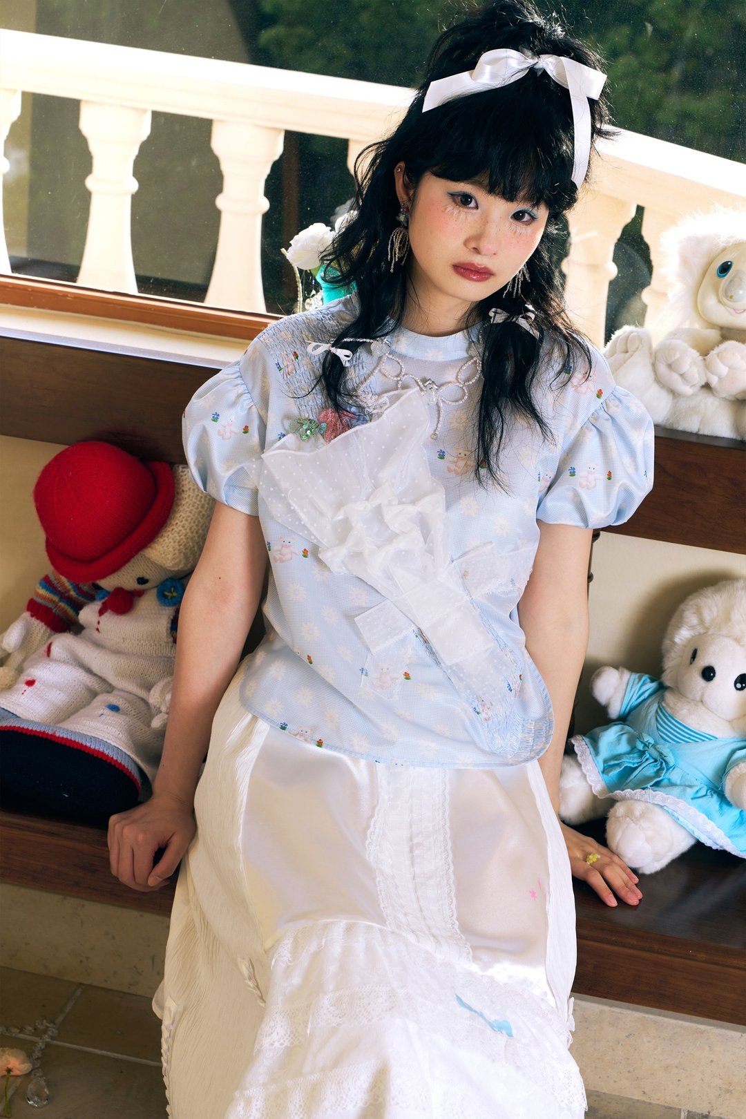 蓝色印花泡泡袖衬衫 手工花束衬衫 夏日短袖衬衫 - 女装衬衫 - 其他材质 蓝色