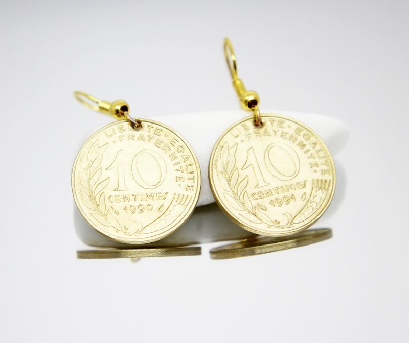 Tiny Coin Earrings Coin Hoop Earrings Ancient Coin Jewelry Coin Drop Earrings - 耳环/耳夹 - 其他金属 