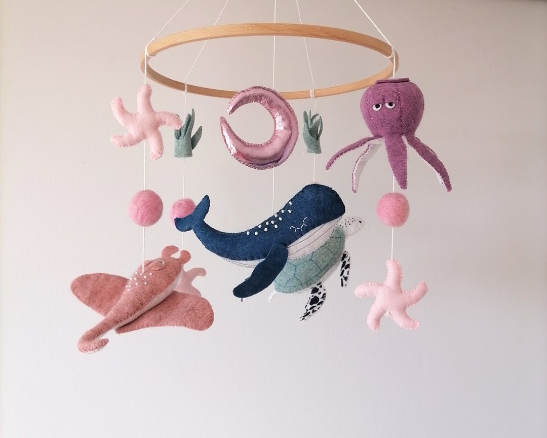 Ocean Mobile For Baby Girl Nursery,Felt Sea Animals Crib Mobile,Pink Cot Mobile - 玩具/玩偶 - 其他材质 粉红色