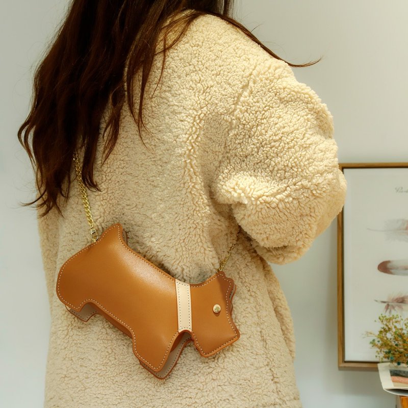 亲子diy材料包 小狗造型真皮斜挎单肩包女 斜背手机包 极简可爱风 - 侧背包/斜挎包 - 真皮 