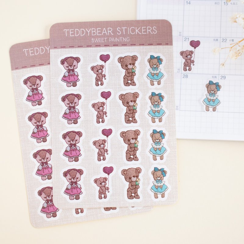 贴纸 – 刺绣风泰迪熊插画 No.2 | 2 张装 - 贴纸 - 纸 粉红色