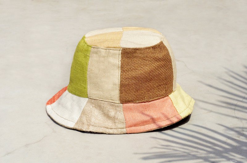 情人节礼物 限量一件 大地森林风拼接手织棉麻帽 / 渔夫帽 / 遮阳帽 / 拼布帽 / 手工帽 - 热带南美清新色 拼接手工帽 - 帽子 - 棉．麻 多色