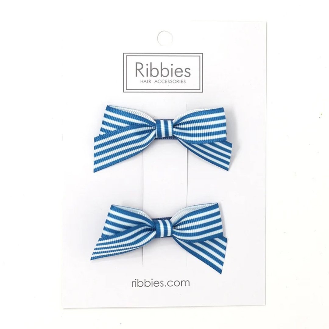 英国Ribbies 条纹蝴蝶结2入组-土耳其蓝 - 发饰 - 聚酯纤维 