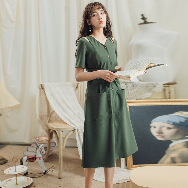 2018夏季新款女装纯色口袋露肩连身裙洋装 - 洋装/连衣裙 - 聚酯纤维 绿色
