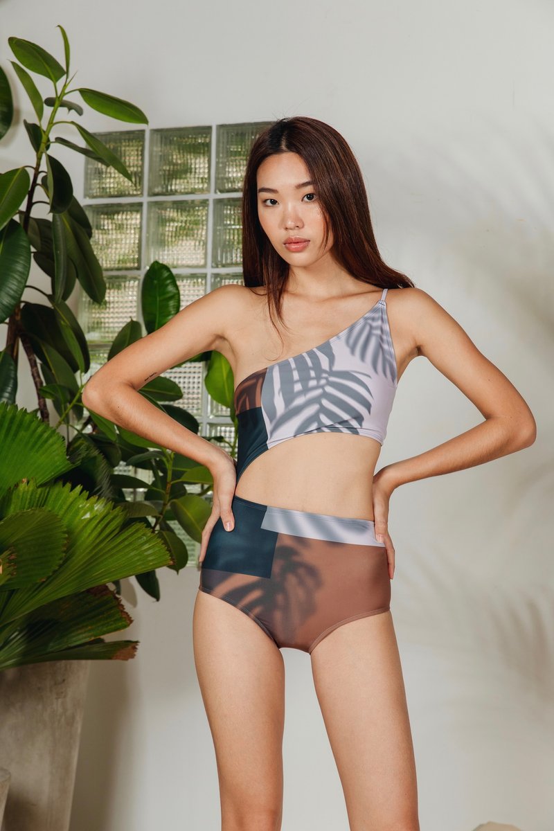 Midsummer Night's warm night one shoulder swimsuit - 女装泳衣/比基尼 - 聚酯纤维 咖啡色