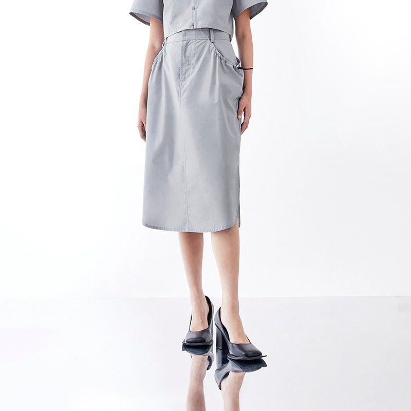 抽绳口袋中长裙 - 裙子 - 棉．麻 灰色