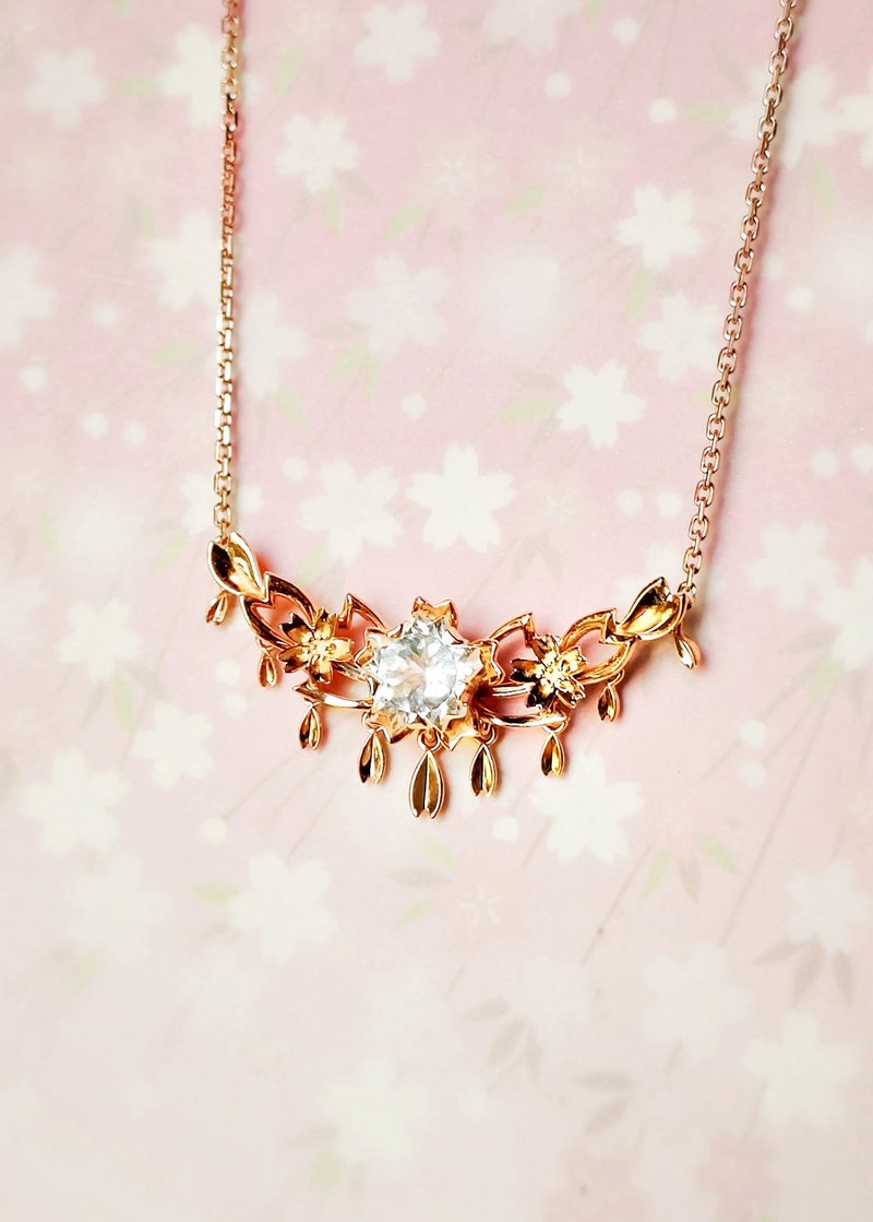 特别樱花切割 白蓝托帕石 樱瓣飘飘电镀 18K 玫瑰金纯银颈链 - 项链 - 半宝石 粉红色