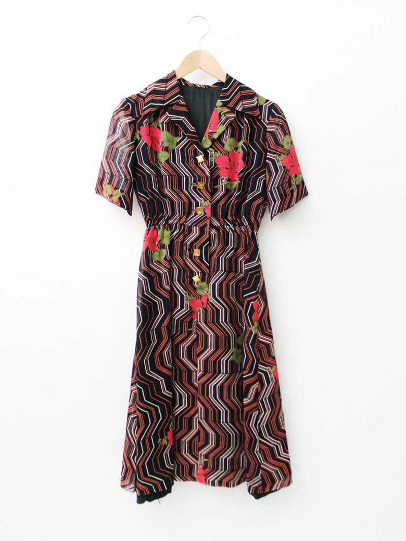 【RE0614D1278】初夏复古昭和风黑色几何花朵短袖古着洋装 - 洋装/连衣裙 - 聚酯纤维 黑色
