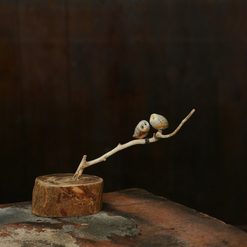 枝头恋人 亲吻猫头鹰 - 摆饰 - 陶 白色