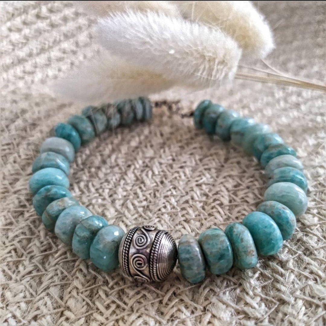 Russian Amazonite Bracelet with Hand made Silver Bead from Bali - 手链/手环 - 半宝石 多色