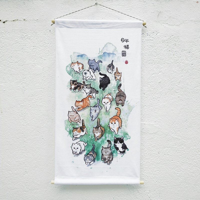 胖猫图 月半猫 毛巾 挂画 卷画 古画级 水彩画 廿猫奔腾 猫到功成 - 沐浴用品 - 聚酯纤维 白色