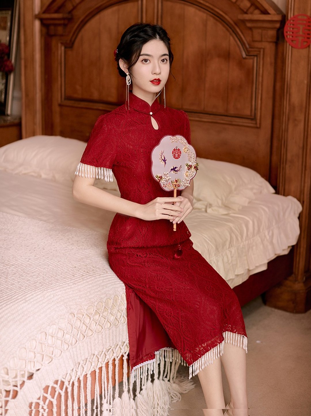 酒紅色 紅芍 水滴領蕾絲流蘇旗袍 新娘敬酒服 復古新中式國風洋裝 - 旗袍 - 棉 红色