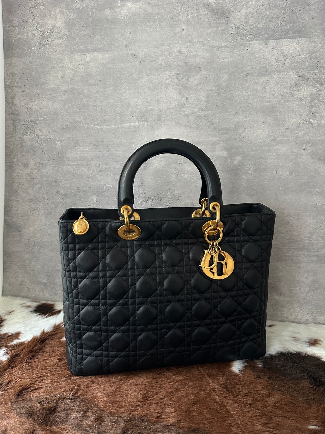 中古包 DIOR 迪奥 Lady Dior 经典黑金羊皮 - 手提包/手提袋 - 真皮 黑色