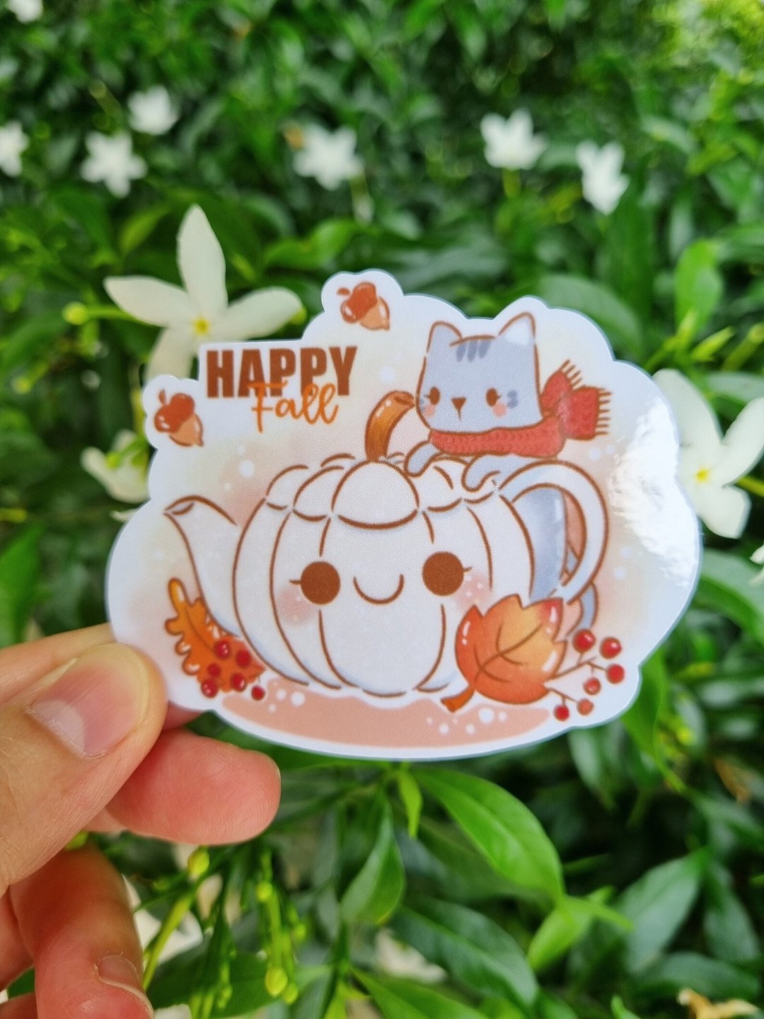 秋日喜悦 灰猫与南瓜茶壶。造型贴纸。 - 贴纸 - 塑料 橘色
