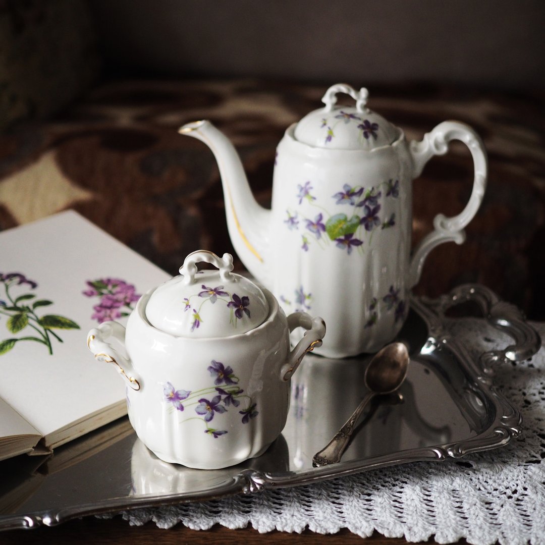 1900年代的法国利摩日Limoges 复古茶壶和糖罐套装 - 茶具/茶杯 - 陶 紫色