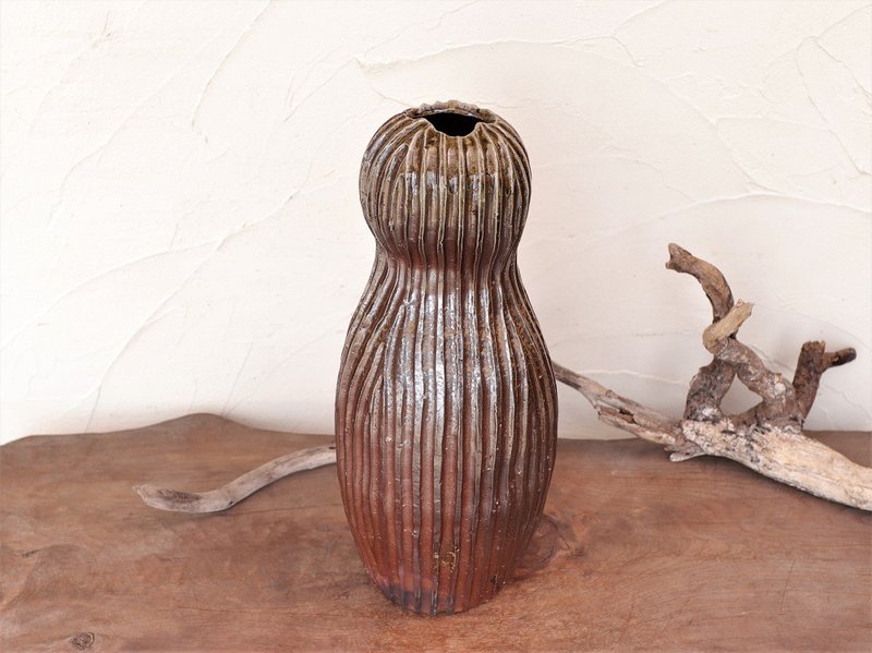 备前烧手工大花瓶 : 镐纹手捏成形 (35cm) h3-112 - 花瓶/陶器 - 陶 咖啡色