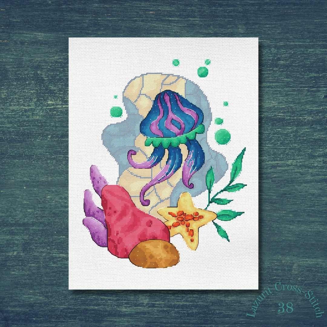 Blue jellyfish cross stitch pattern - 其他数码商品 - 其他材质 