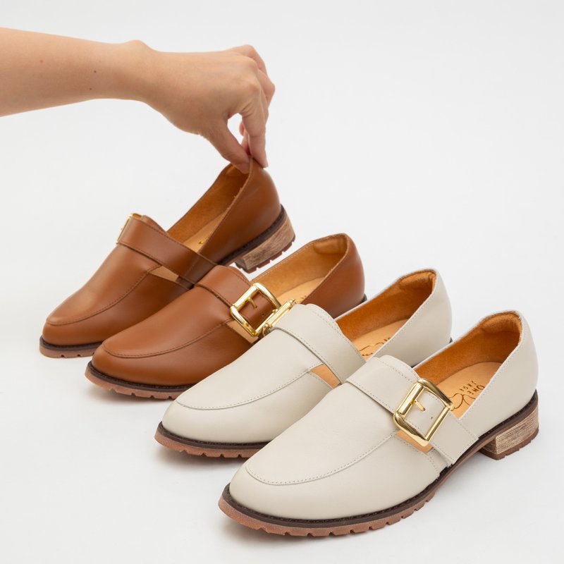 【圣诞派对 穿搭】MIT手工鞋 Gaia盖亚气质 真皮 乐福鞋  棕色 - 女款牛津鞋/乐福鞋 - 真皮 白色