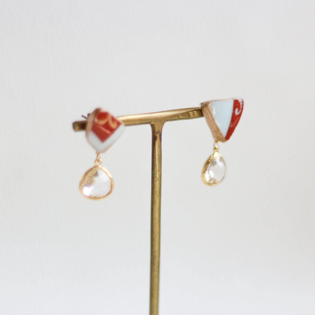 Made-to-order Arita ware Kintsugi Clip-On / Red crystal Marron Traditional crafts Ceramics - 耳环/耳夹 - 瓷 