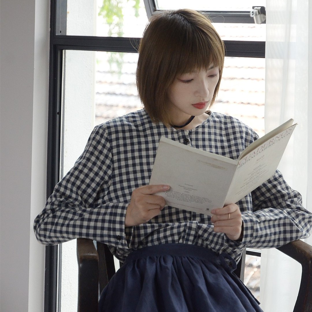 蓝白格衬衣|衬衫|亚麻|独立品牌|Sora-165 - 女装衬衫 - 棉 