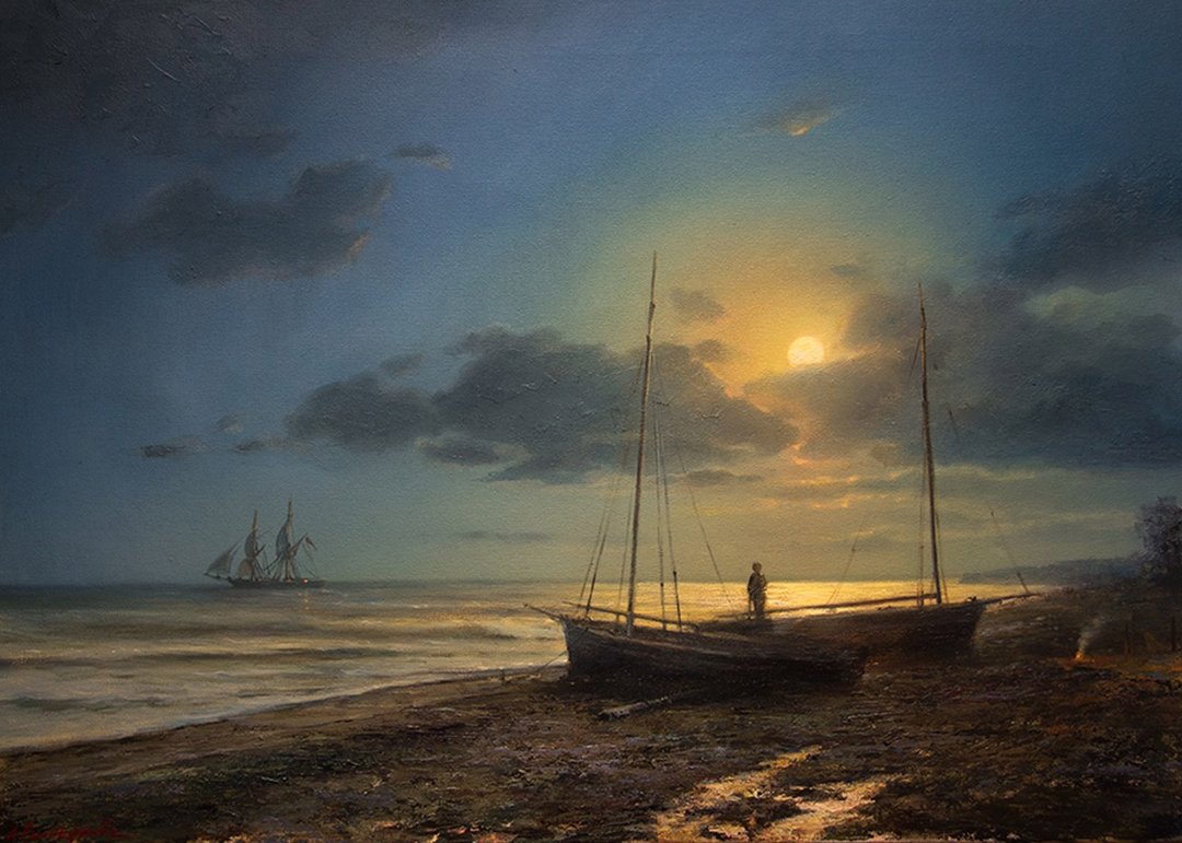 Old Ship Fishing Boat Moonlit Night Seascape Realistic Original Oil Painting - 墙贴/壁贴 - 其他材质 蓝色