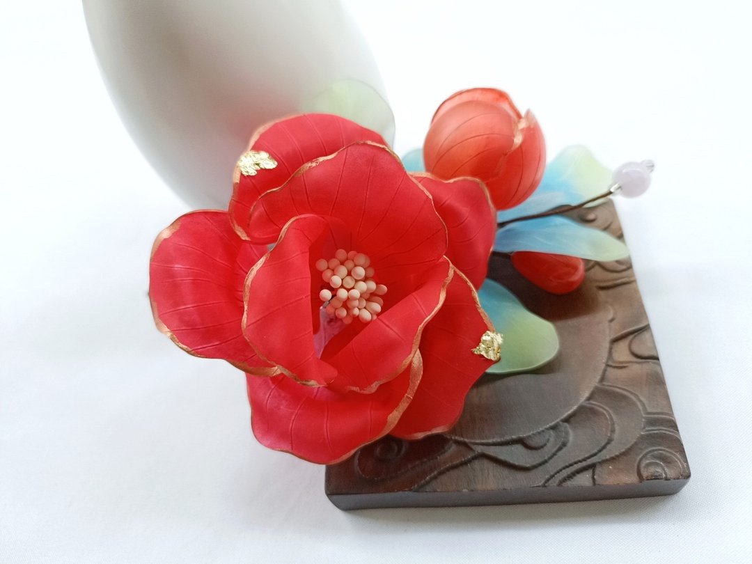 榴花欲燃 红色古风石榴花热缩花发夹发簪发饰饰品 - 发饰 - 其他材质 红色