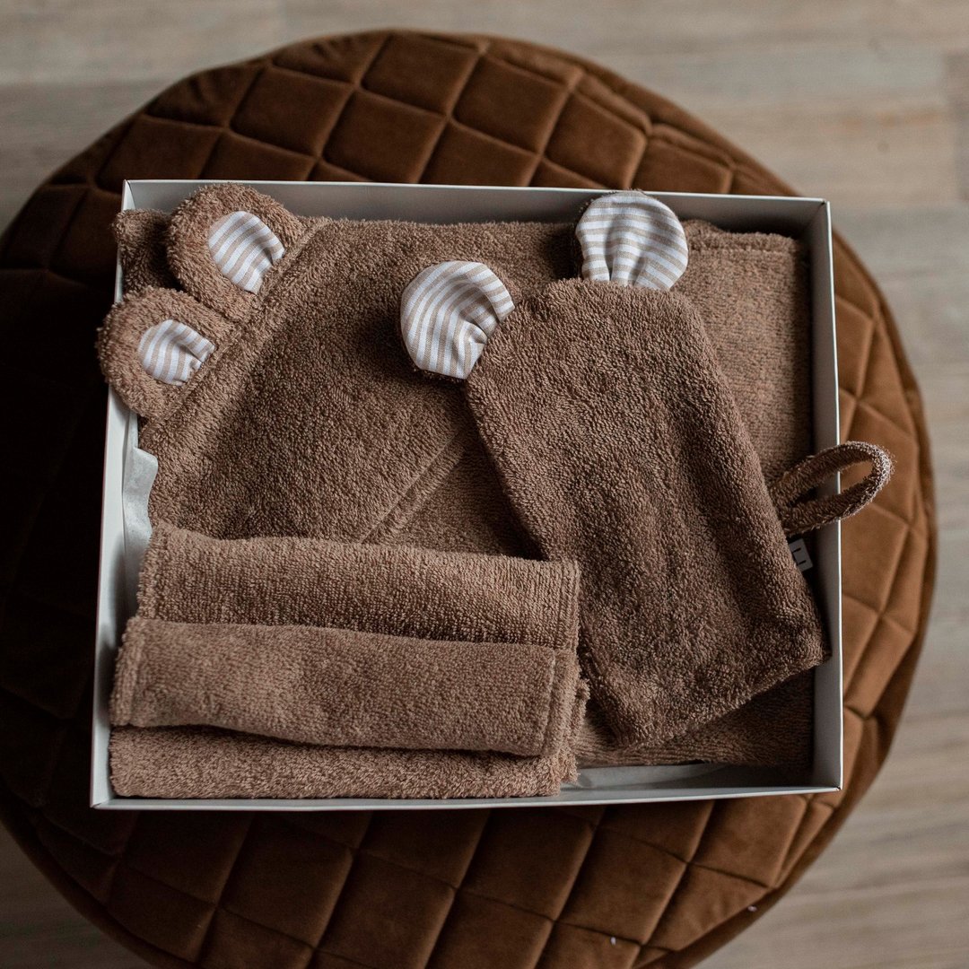 SET: Hooded Towel, Mitten and mini towels dark brown set for a Baby or Toddler - 泳衣/游泳用品 - 棉 咖啡色