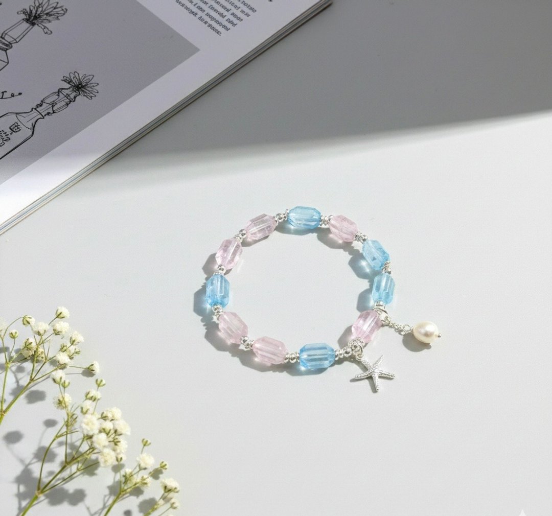 Ops Morganite bracelet-摩根石/银/粉嫩/天然石/手链/弹性/珍珠 - 手链/手环 - 宝石 多色
