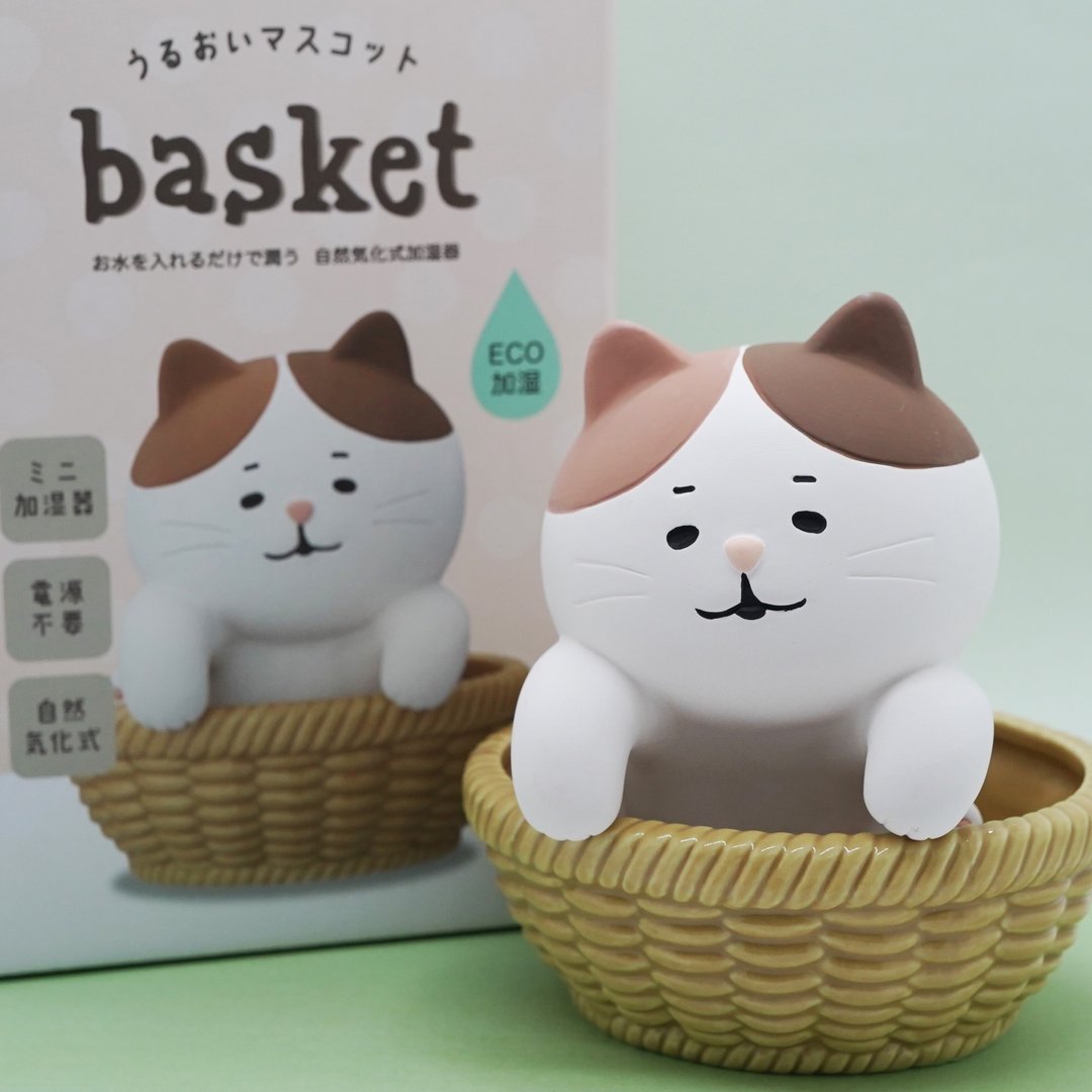 日本Decole 自然气化加湿器 - 在小藤篮中休息的三色猫 - 摆饰 - 陶 卡其色
