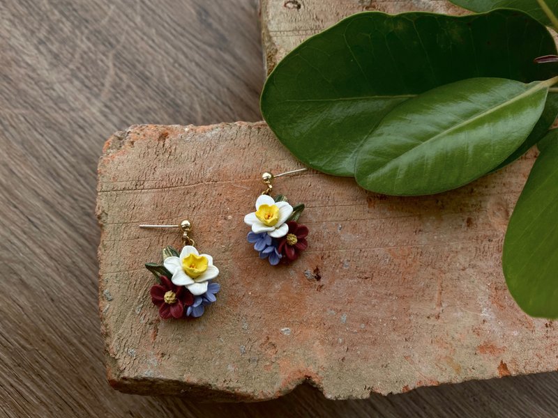 古典油画系列 -水仙 亨利方丹 致敬作品 耳环 - 耳环/耳夹 - 陶 白色