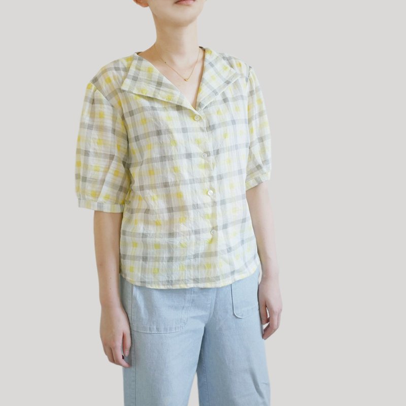 黄灰格纹翻领澎袖衬衫 - 女装衬衫 - 棉．麻 多色