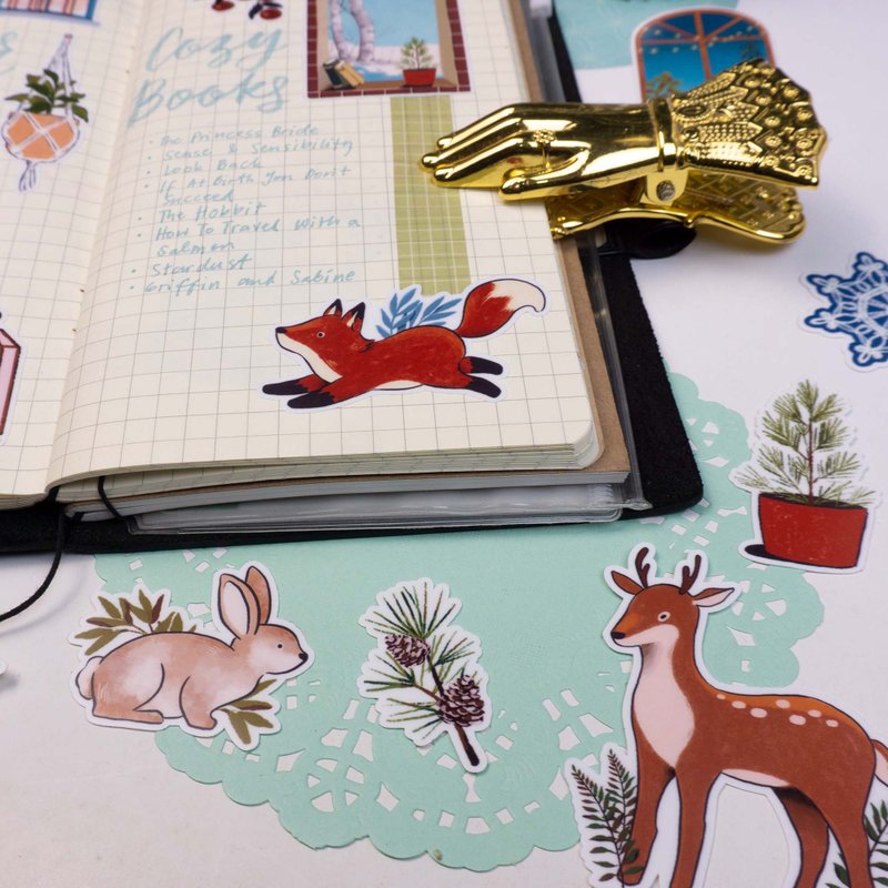 Navy Peony Winter Woodland Cottage Core Sticker Set (52 Pieces) - 贴纸 - 防水材质 多色