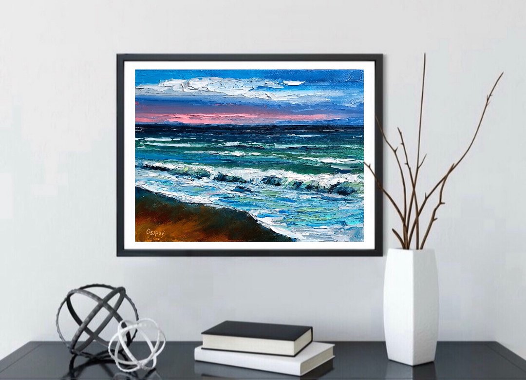 Original Seascape Oil Painting On Canvas Beach Ocean Blue Landscape Impasto Art - 墙贴/壁贴 - 棉 多色