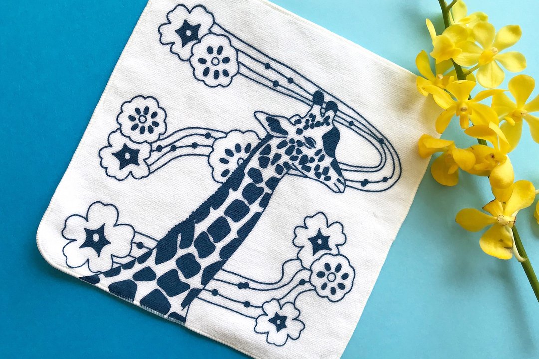 Pocket Towel Handkerchief // Screen Print // Giraffe Ivory × Navy - 其他 - 棉 蓝色