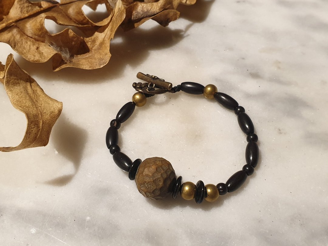 Oˋre Jewelry 设计师款 黑檀木&手雕绿檀木 手链 复古黄铜 定制 - 手链/手环 - 木头 