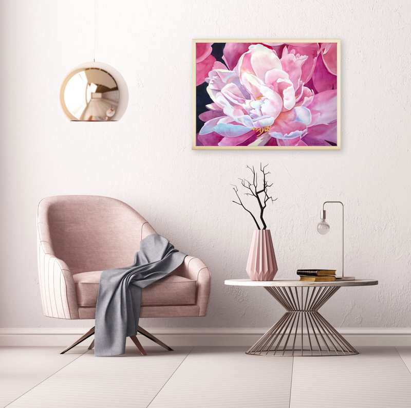 Peony Watercolor Painting Flower Original Art Floral Wall Art Pink Art - 海报/装饰画/版画 - 纸 粉红色