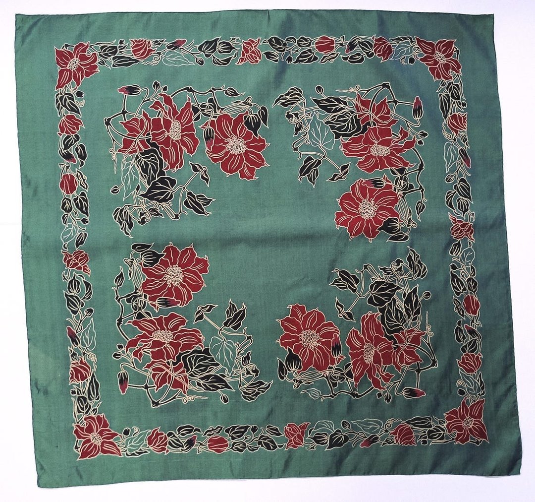 泰国丝巾，复古风格，35 x 35 英寸，花卉图案，泰国制造 - 丝巾 - 丝．绢 绿色