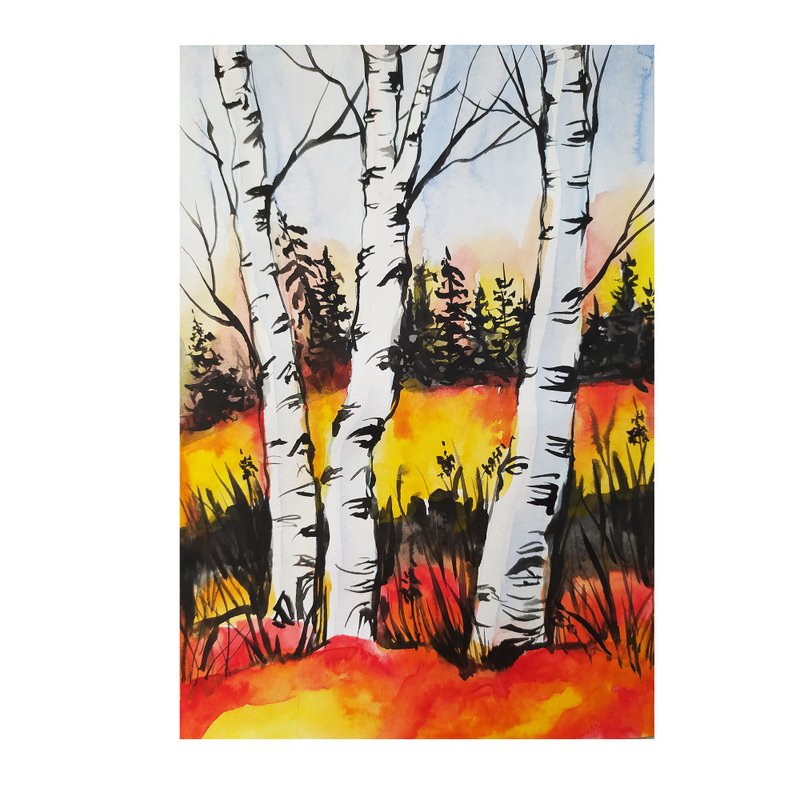 Forest landscape autumn watercolor painting original art artwork wood art - 墙贴/壁贴 - 纸 红色