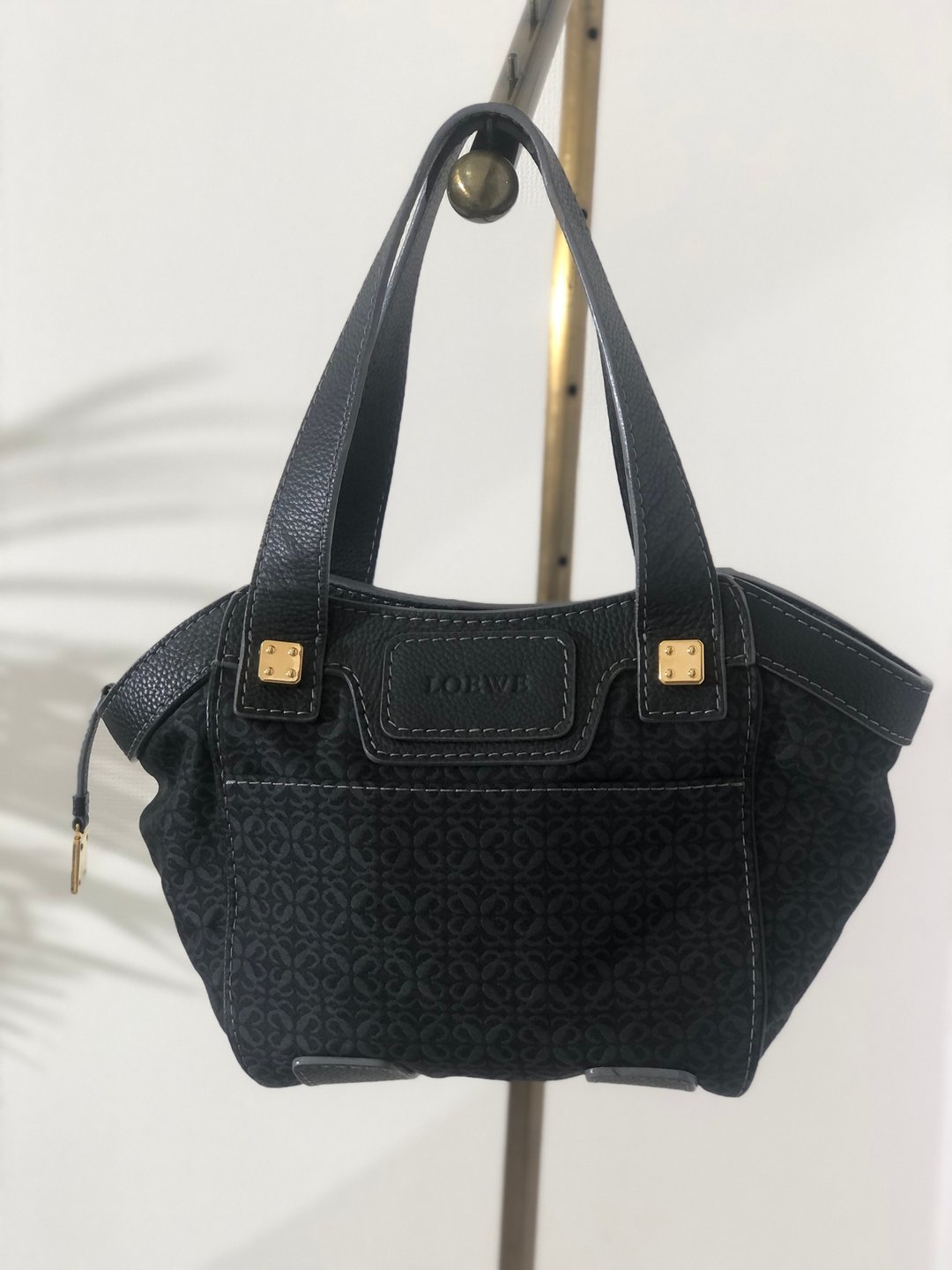 【日本直运，名牌二手包装】LOEWE全图案品牌标志皮革尼龙帆布托特包手提包黑f4cjh3 - 手提包/手提袋 - 真皮 黑色