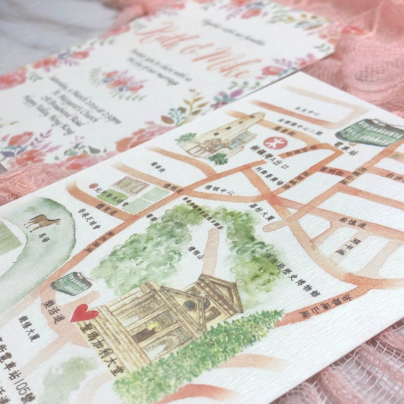 HeyHeyCard 喜喜 香港设计 手绘地图及花花喜帖 / 结婚请帖 - 卡片/明信片 - 纸 粉红色