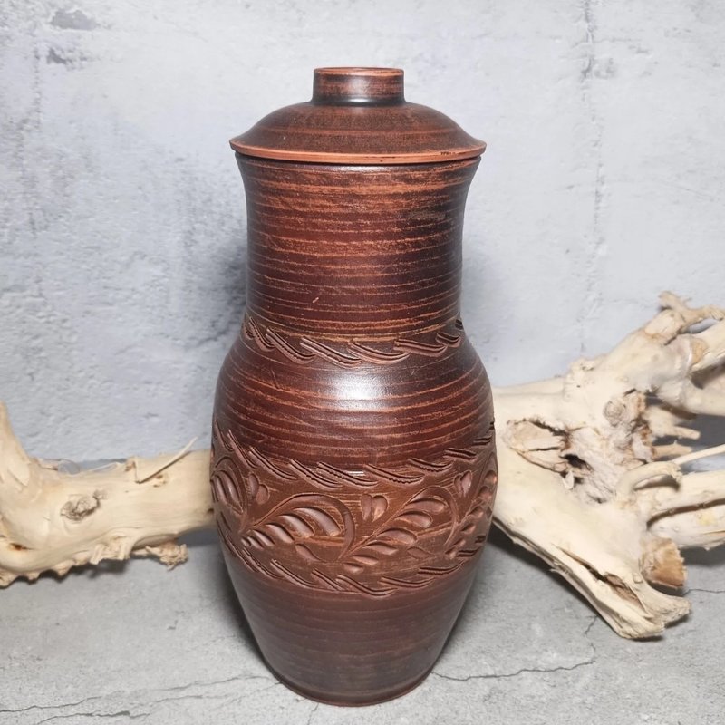 陶器大壶3000毫升手工红粘土葡萄酒容器棕色壶带盖 - 水瓶/水壶 - 粘土 