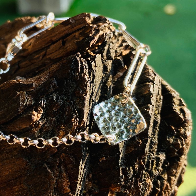 纯银 方形吊牌 不对称 手链 可定制姓名 S238 - 手链/手环 - 纯银 银色